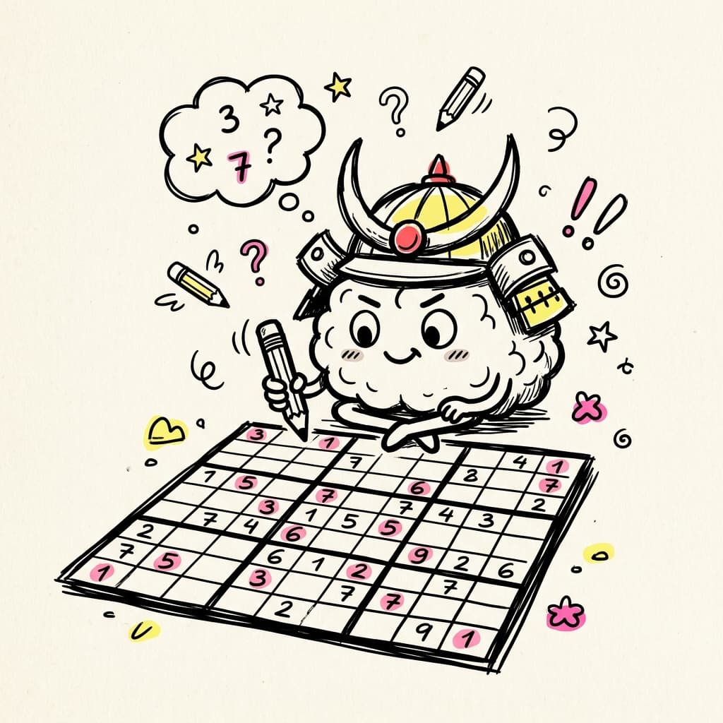 Samurai sudoku games board showing 5 overlapping grids with highlighted cells marked in yellow and pink