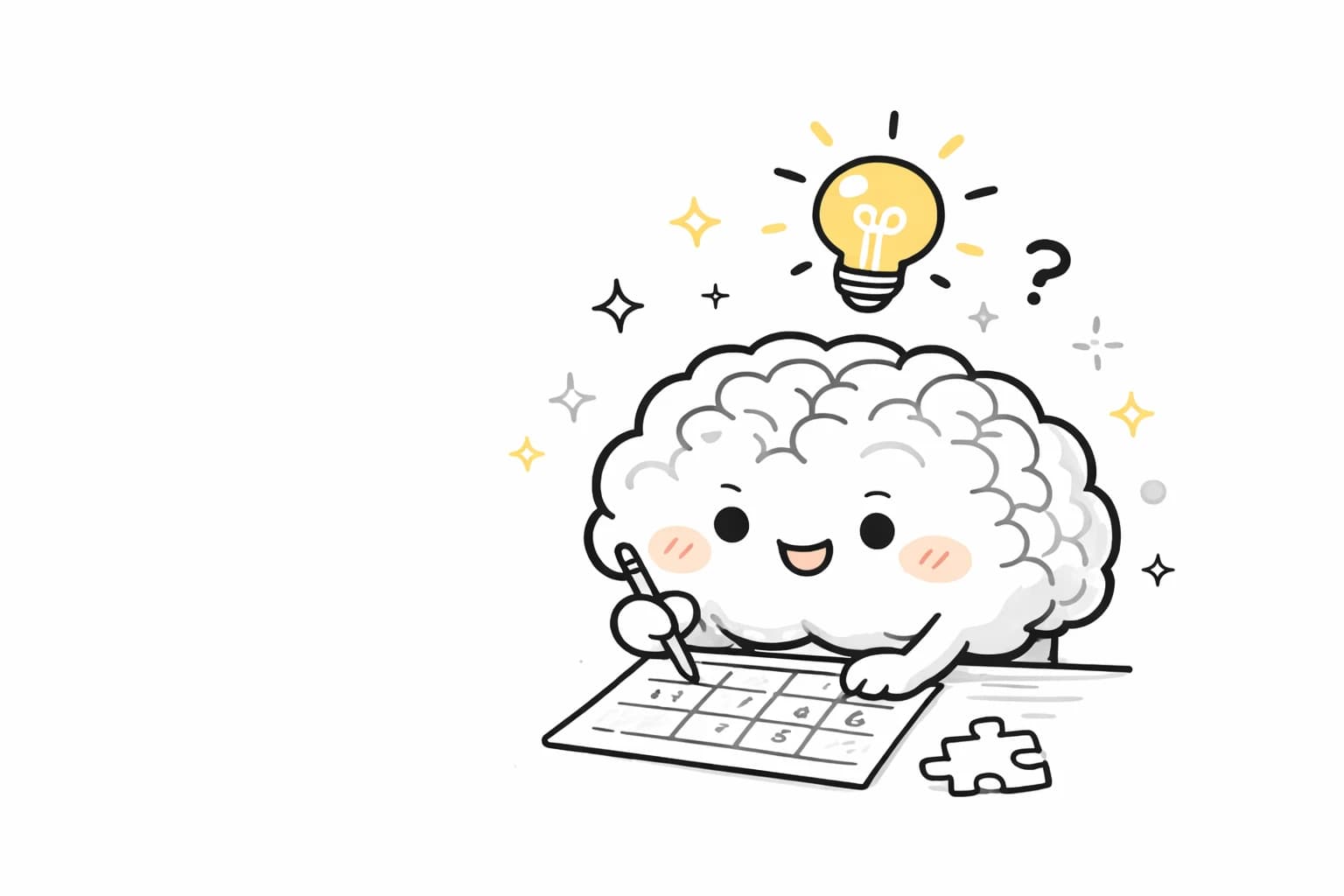 Eine lächelnde Denkfigur löst ein Sudoku mit einer Glühbirne darüber.