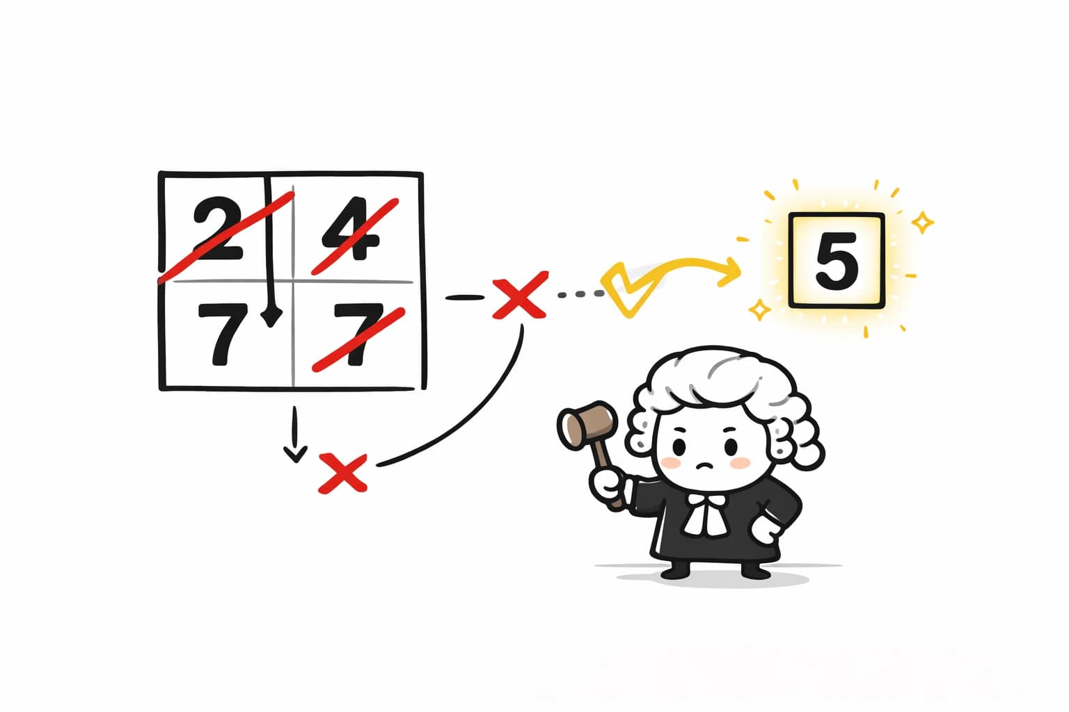 Eine Figur prüft Zahlen und bestätigt die richtige Entscheidung.