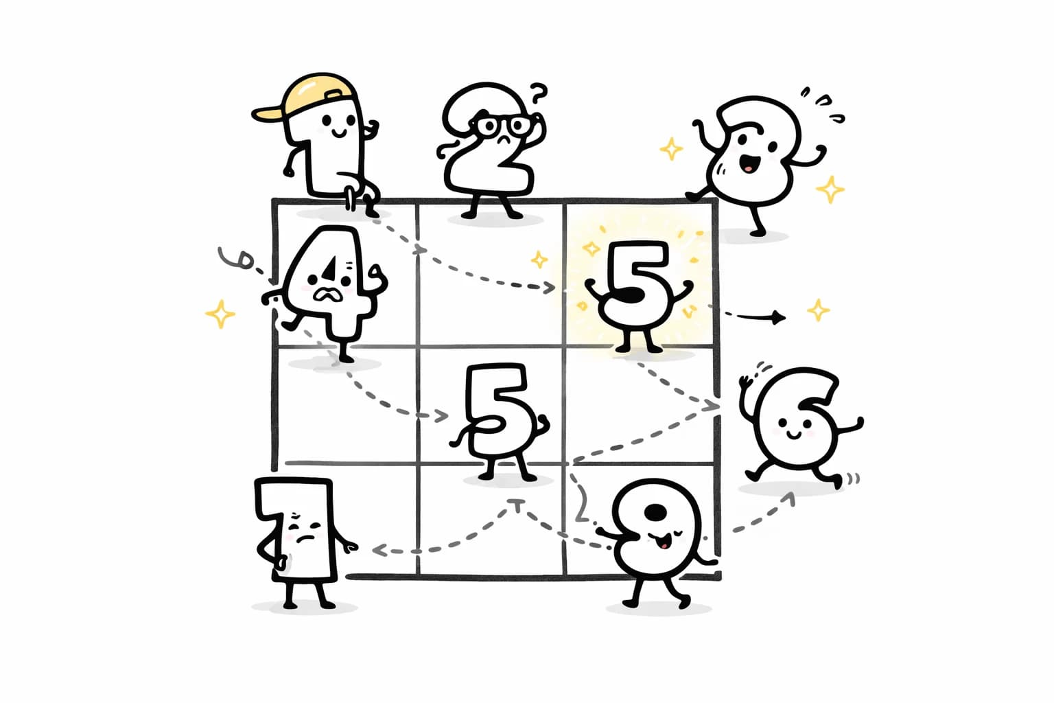 Verspielte Zahlen bewegen sich durch ein verbundenes Raster.