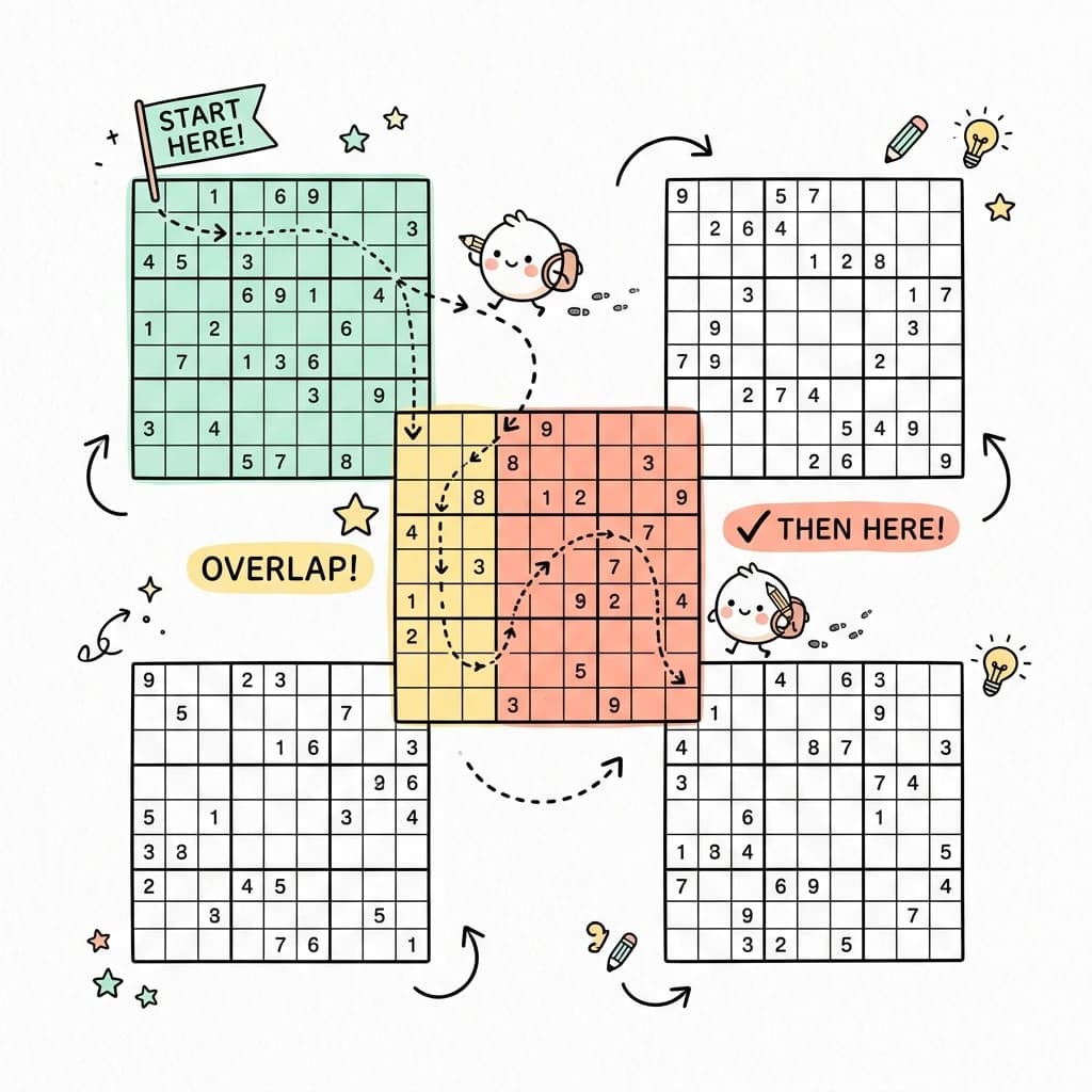 Aloitusreitti Samurai Sudokussa: kulmaruudukosta jaetun alueen kautta naapuriruudukkoon.