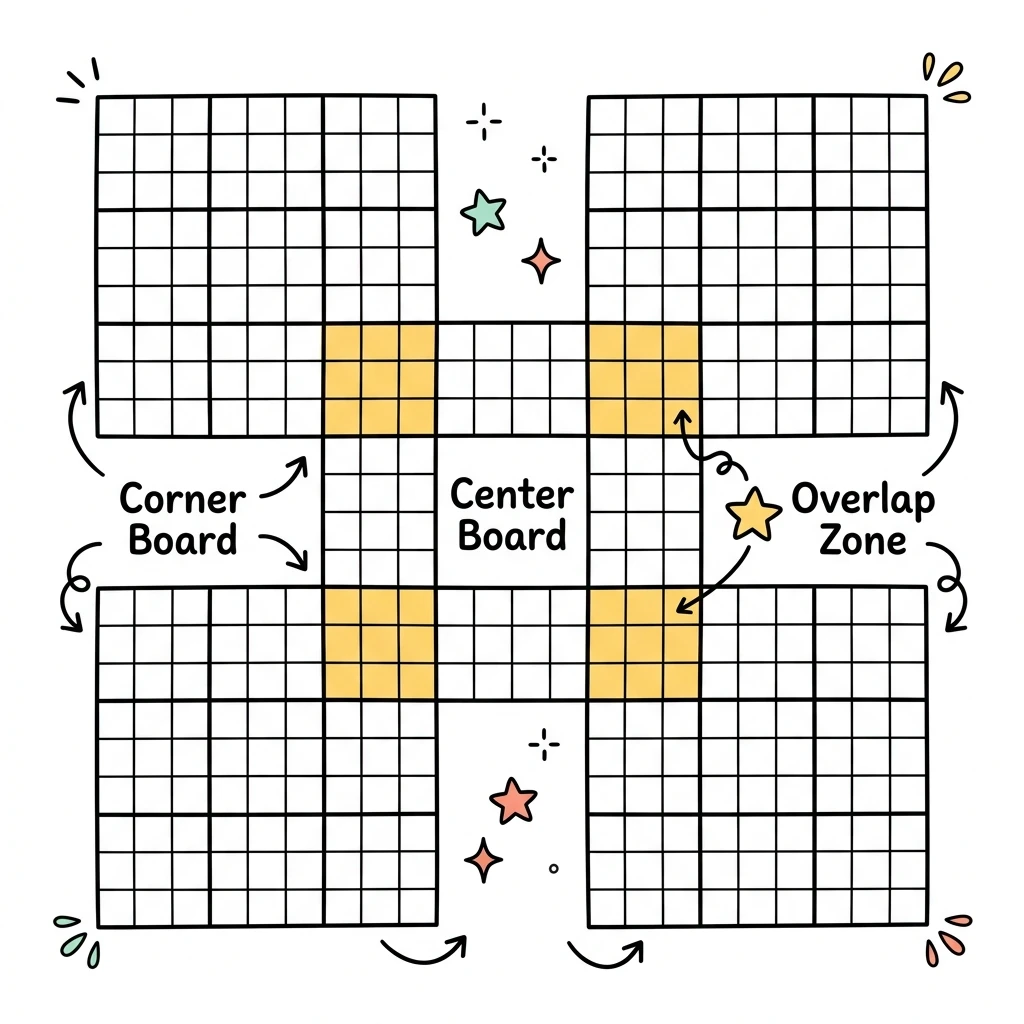Samurai Sudoku -rakenne: neljä kulmaruudukkoa ja keskimmäinen ruudukko, jaetut alueet korostettuina.